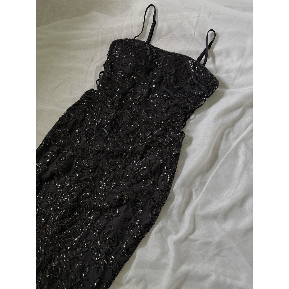 Windsor Black Sequin Lace-Up Spaghetti Strap Long Mermaid Formal Prom Gown M - Picture 3 of 14